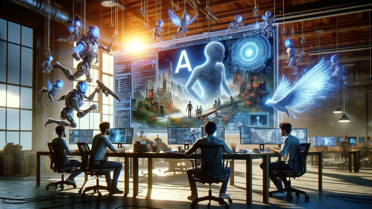 A creative team in a modern game development studio working on a computer, with the screen displaying AI-generated content including dynamic dialogues, complex game worlds, and believable AI characters. The scene illustrates the collaborative integration of AI technology in game development, highlighting AI's role in enhancing storytelling, world-building, and character development, showcasing the innovative impact of AI on the gaming industry.