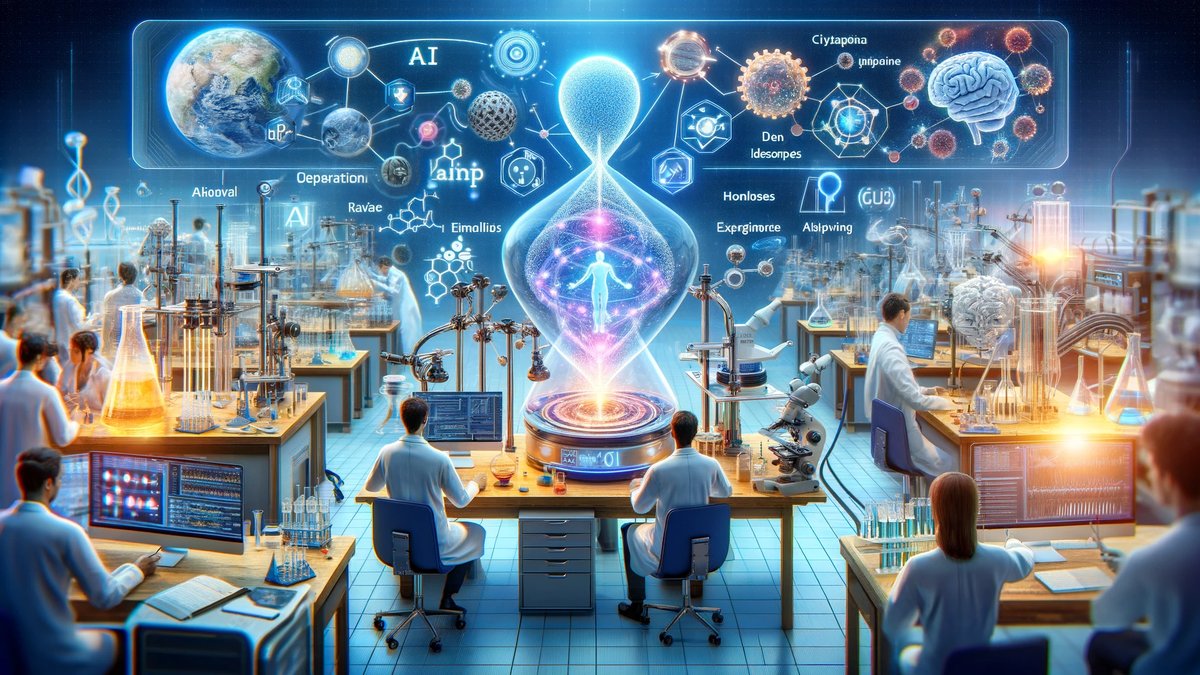 A futuristic laboratory or research environment where scientists are utilizing AI to analyze data, generate hypotheses, and design experiments. The image showcases the integration of AI technologies like GPTs in scientific research, with digital data visualizations, AI-driven experiment setups, and researchers interacting with AI interfaces, capturing the innovative spirit and transformative impact of AI on the scientific process.