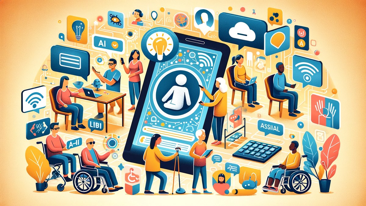 Diverse individuals with disabilities using AI-enhanced digital devices for accessible communication and interaction, highlighted by technologies such as chatbots, real-time translation tools, and personalized interfaces in a supportive and inclusive environment.