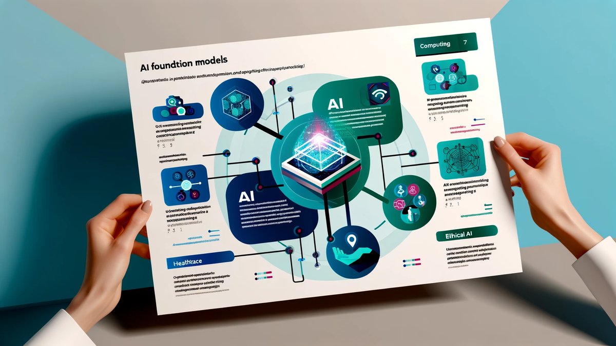 Infographic highlighting emerging trends in AI research, including foundation models, quantum computing, ethical AI frameworks, AI in healthcare for personalized medicine, and AI solutions for climate change, depicted in shades of blue, green.