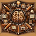 Seamless blend of classic literary symbols and futuristic icons on a warm brown background, representing the exploration of new genres through GPTs in creative writing.