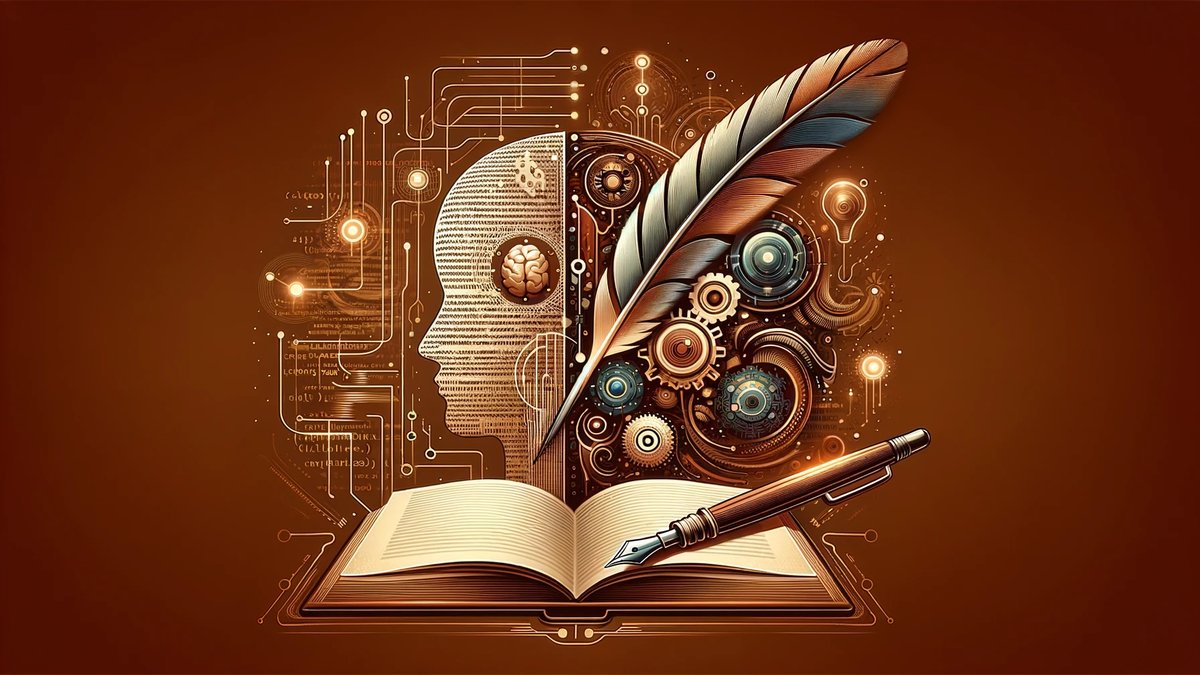 Abstract representation of the collaboration between writers and GPTs, showcasing a feather pen merging with digital code and open books with digital text, set against a warm brown background to symbolize the synergy of traditional writing and AI in creative writing.