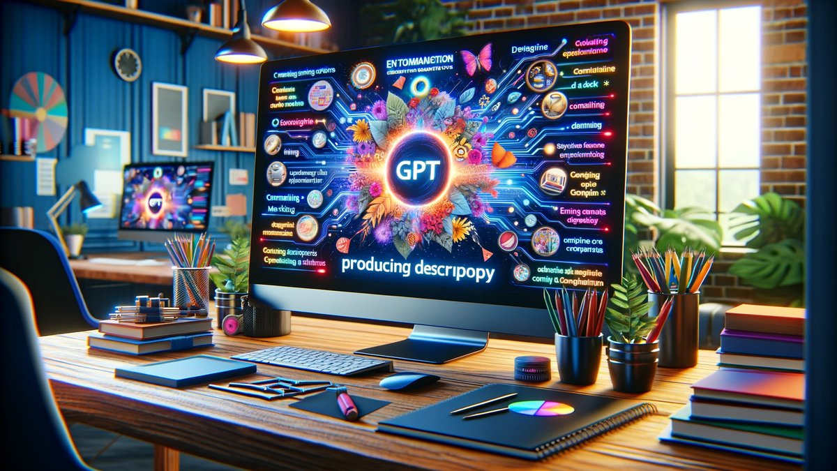 A digital marketing workspace where GPT technology is used to generate engaging product descriptions and marketing copy for e-commerce. Computer screens display vibrant product pages with compelling marketing copy highlighted, emphasizing the creativity, efficiency, and personalization that GPT technology brings to e-commerce content creation. This scene illustrates the significant impact of AI on enhancing digital marketing strategies.