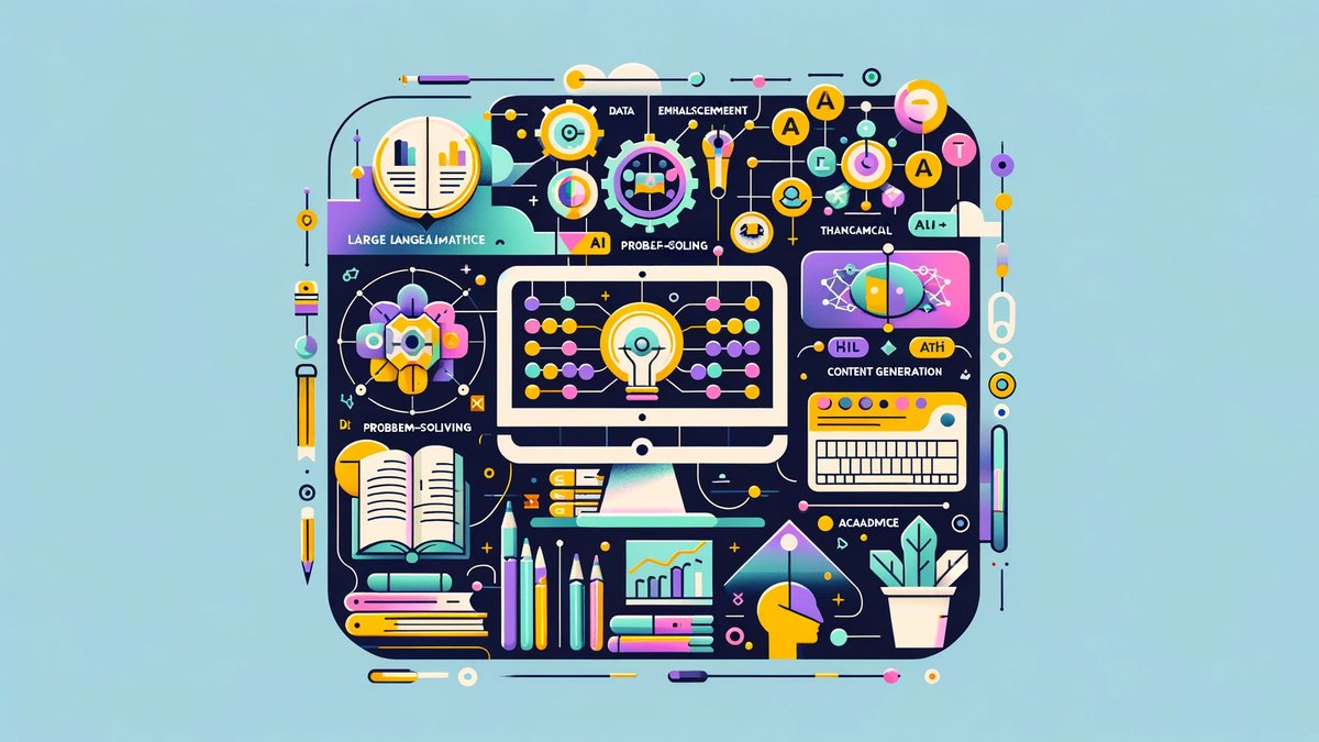 Elegant infographic depicting the role of AI and Large Language Models in academic research, showcasing enhancements in data analysis, content generation, and impact on various disciplines, with visuals of a computer, books, and academic symbols, presented in a vibrant and sophisticated color palette.