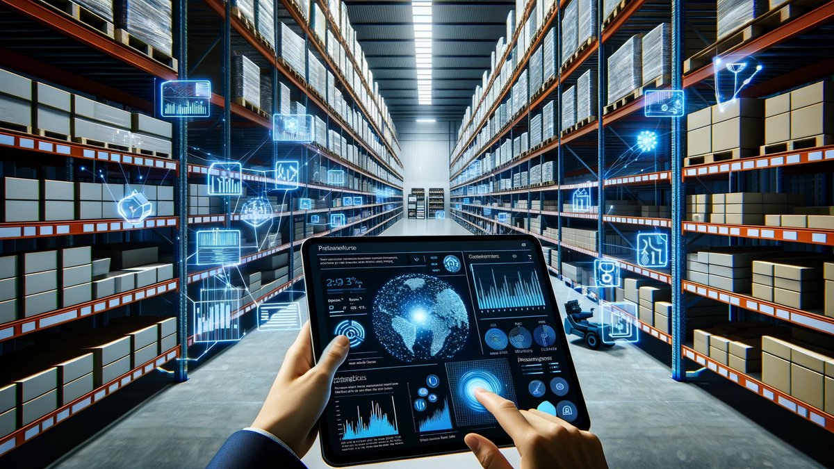 An image depicting a high-tech warehouse equipped with AI-driven inventory management systems, where products are meticulously organized and monitored. Digital displays indicate real-time stock levels across rows of goods. A retail manager is in focus, consulting a tablet that displays a sophisticated dashboard of predictive analytics and customer insights, including graphs and data points that reveal purchasing patterns and demand forecasts. This visualization exemplifies the integration of AI technology in revolutionizing retail operations, emphasizing the efficiency, precision, and data-driven strategies enabled by AI for superior inventory control and understanding of customer behavior.