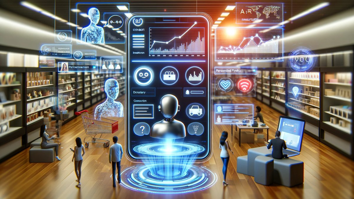 Digital visualization of a futuristic online shopping experience, featuring AI chatbots engaging with customers, personalized product suggestions on a sleek interface, and an analytics dashboard highlighting inventory and consumer trends. This image portrays the innovative integration of artificial intelligence in the retail sector, emphasizing technology-driven personalization and efficiency.