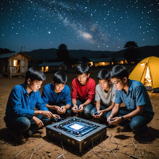 Young engineers in a rural village build AI-powered devices using makeshift materials under a starry night, showcasing innovation in basic, colorful surroundings.