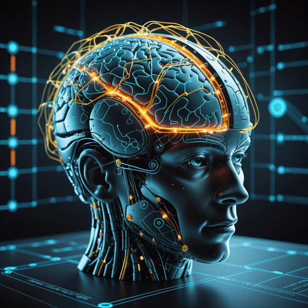 Futuristic AI brain with vibrant neural connections, solving complex mathematical equations amid holographic data streams in a high-tech lab, displaying profound intelligence beyond human capacity.