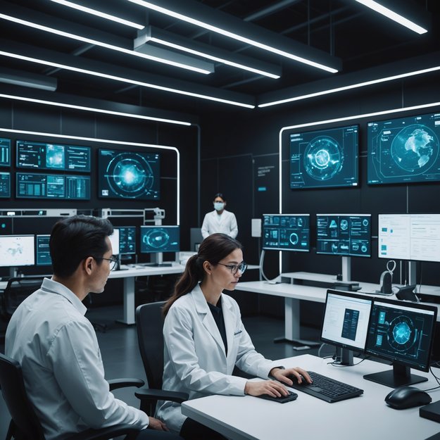 A futuristic tech lab with scientists and AI, showcasing ethical guidelines on screens, ensuring AGI operates under strict safety protocols; bright, collaborative, and focused atmosphere.