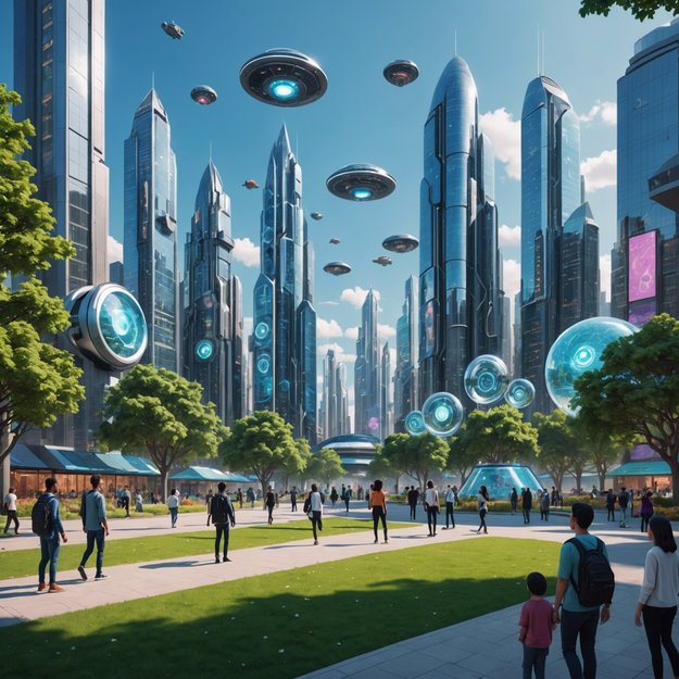 A futuristic cityscape with AI-driven holograms, diverse avatars interacting harmoniously in a tech-infused park, and robots assisting humans in daily tasks amidst advanced architecture.