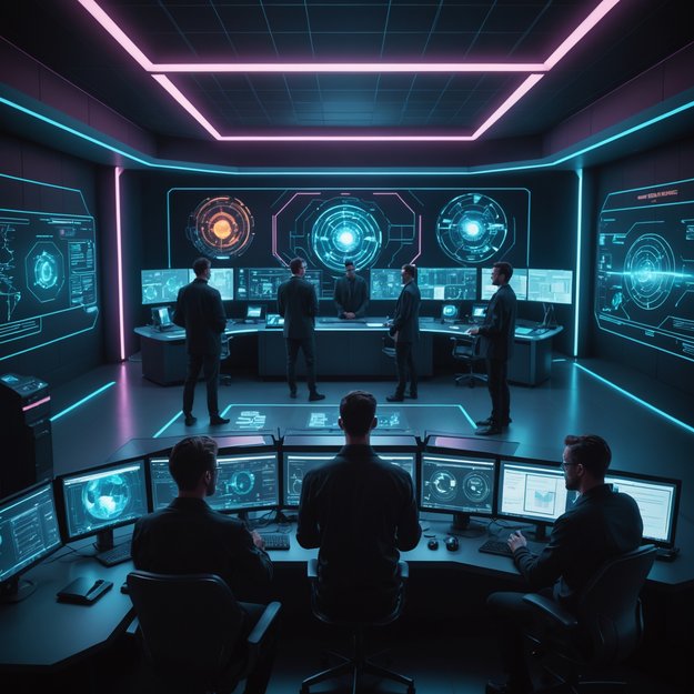 A futuristic, neon-lit control room with AI technicians monitoring holographic safeties, diverse team discussing ethical guidelines, high-tech security features glowing softly against sleek, cutting-edge AI systems.