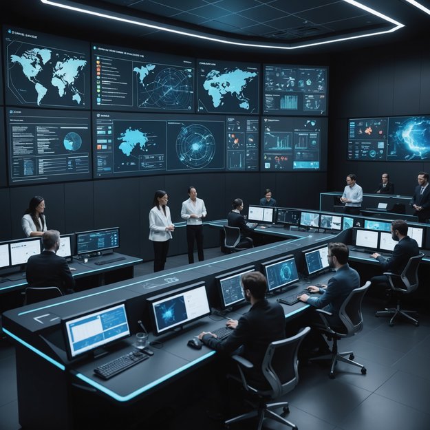 AI researchers in a futuristic control room, holographic screens showing diverse communities, interactive panels displaying data on ethics, AI safety measures, and collaborative global initiatives.